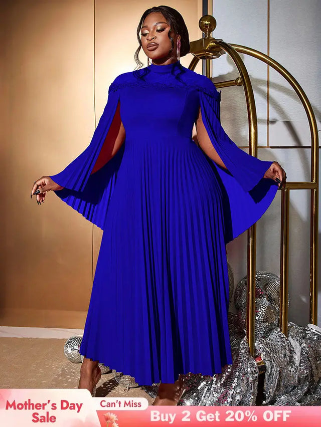 AOMEIDRESS Elegant A Line Dress Pleated Half High Collar Shawl sleeves Blue / 0XL