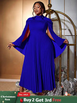 AOMEIDRESS Elegant A Line Dress Pleated Half High Collar Shawl sleeves Blue / 0XL