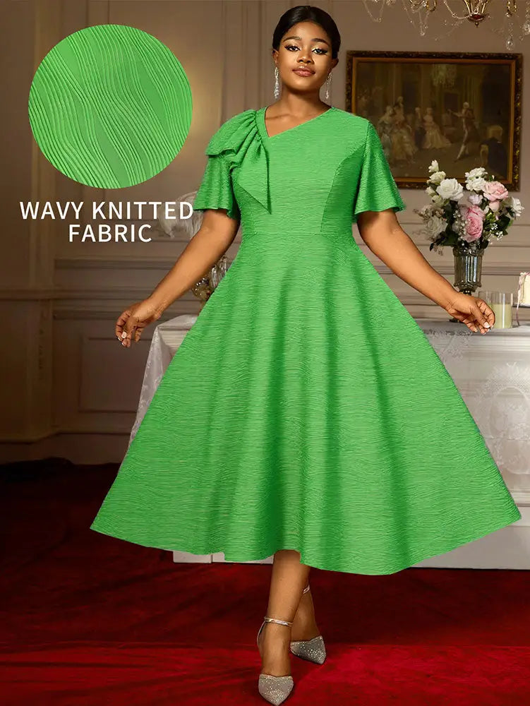 AOMEIDRESS Elegant A Line Dress Skew Collar Ruffle Sleeve Causal Wear