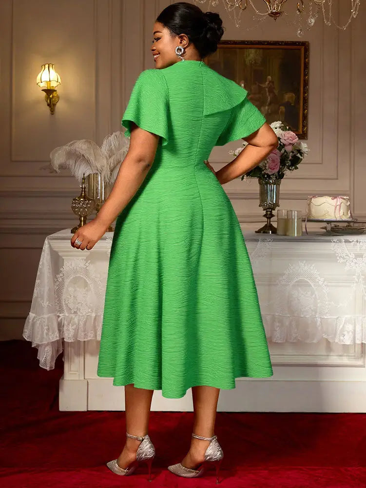 AOMEIDRESS Elegant A Line Dress Skew Collar Ruffle Sleeve Causal Wear