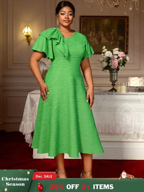AOMEIDRESS Elegant A Line Dress Skew Collar Ruffle Sleeve Causal Wear Green / S