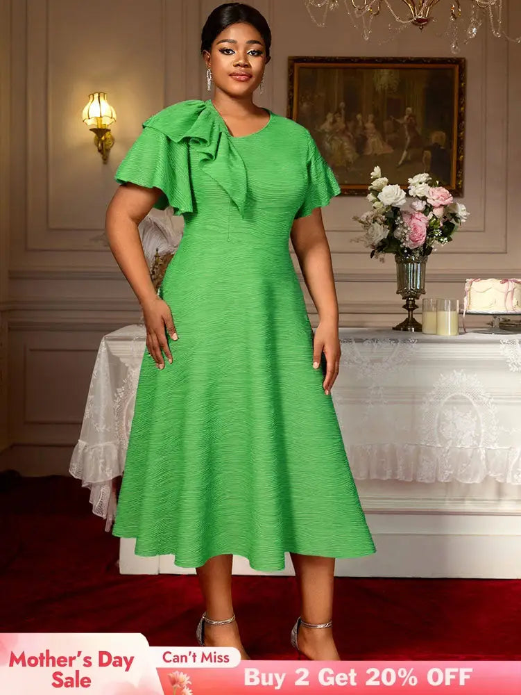 AOMEIDRESS Elegant A Line Dress Skew Collar Ruffle Sleeve Causal Wear Green / S