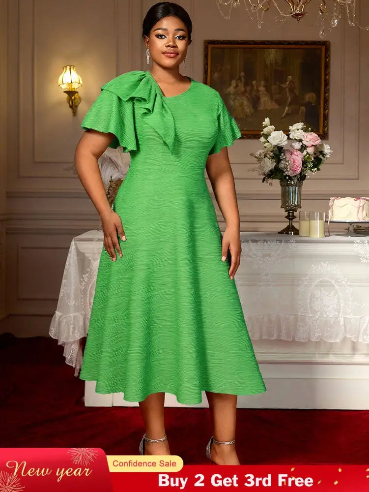 AOMEIDRESS Elegant A Line Dress Skew Collar Ruffle Sleeve Causal Wear Green / S