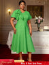 AOMEIDRESS Elegant A Line Dress Skew Collar Ruffle Sleeve Causal Wear Green / S