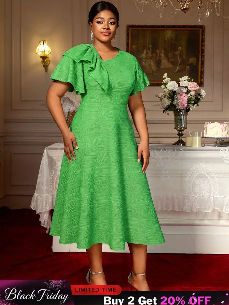 AOMEIDRESS Elegant A Line Dress Skew Collar Ruffle Sleeve Causal Wear Green / S