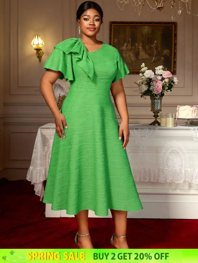 AOMEIDRESS Elegant A Line Dress Skew Collar Ruffle Sleeve Causal Wear Green / S