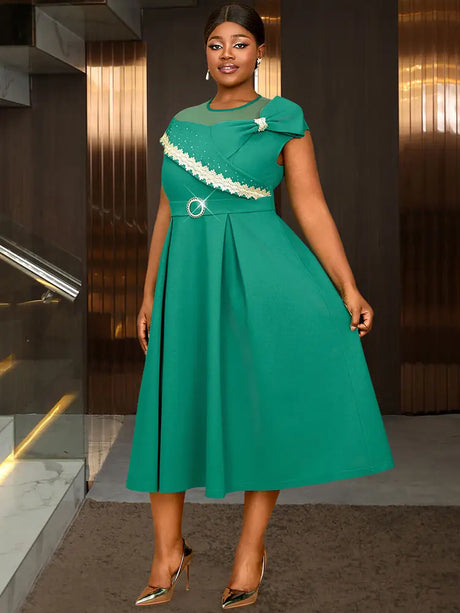 AOMEIDRESS Elegant A Line Dresses Mesh Patchwork Diamond Shiny Lace Bowtie Business Party