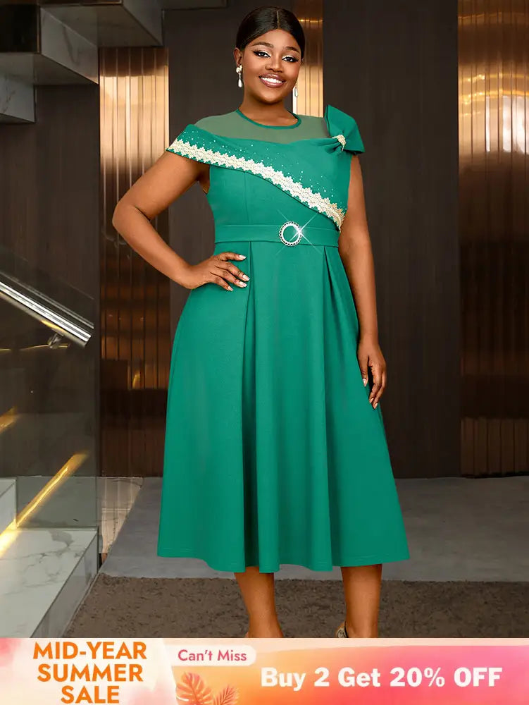 AOMEIDRESS Elegant A Line Dresses Mesh Patchwork Diamond Shiny Lace Bowtie Business Party Green / 0XL
