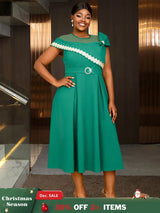 AOMEIDRESS Elegant A Line Dresses Mesh Patchwork Diamond Shiny Lace Bowtie Business Party Green / 0XL