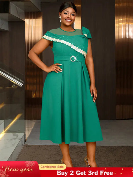 AOMEIDRESS Elegant A Line Dresses Mesh Patchwork Diamond Shiny Lace Bowtie Business Party Green / 0XL