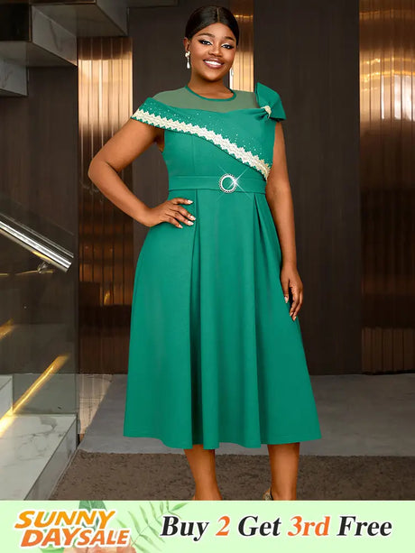 AOMEIDRESS Elegant A Line Dresses Mesh Patchwork Diamond Shiny Lace Bowtie Business Party Green / 0XL