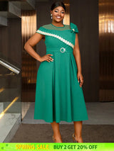 AOMEIDRESS Elegant A Line Dresses Mesh Patchwork Diamond Shiny Lace Bowtie Business Party Green / 0XL