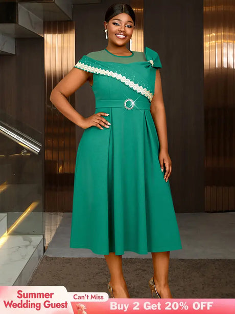 AOMEIDRESS Elegant A Line Dresses Mesh Patchwork Diamond Shiny Lace Bowtie Business Party Green / 0XL