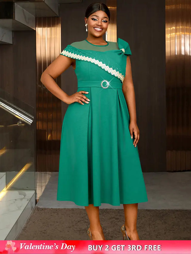 AOMEIDRESS Elegant A Line Dresses Mesh Patchwork Diamond Shiny Lace Bowtie Business Party Green / 0XL