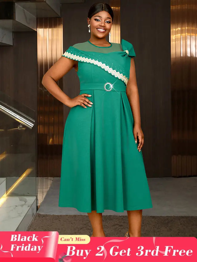 AOMEIDRESS Elegant A Line Dresses Mesh Patchwork Diamond Shiny Lace Bowtie Business Party Green / 0XL