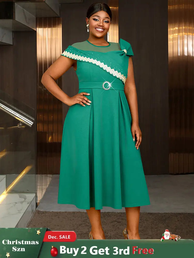 AOMEIDRESS Elegant A Line Dresses Mesh Patchwork Diamond Shiny Lace Bowtie Business Party Green / 0XL