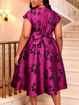 AOMEIDRESS Elegant A Line Jacquard Dress V Neck Short Sleeves Folds