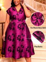 AOMEIDRESS Elegant A Line Jacquard Dress V Neck Short Sleeves Folds