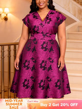 AOMEIDRESS Elegant A Line Jacquard Dress V Neck Short Sleeves Folds - Rose / L