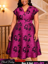 AOMEIDRESS Elegant A Line Jacquard Dress V Neck Short Sleeves Folds - Rose / L