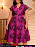 AOMEIDRESS Elegant A Line Jacquard Dress V Neck Short Sleeves Folds - Rose / L