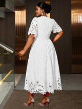 AOMEIDRESS Elegant A Line Lace Dress O Neck Hollow Out Short Sleeves