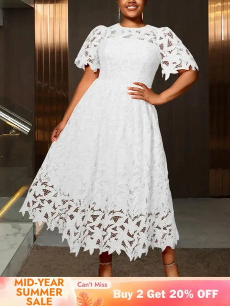 AOMEIDRESS Elegant A Line Lace Dress O Neck Hollow Out Short Sleeves