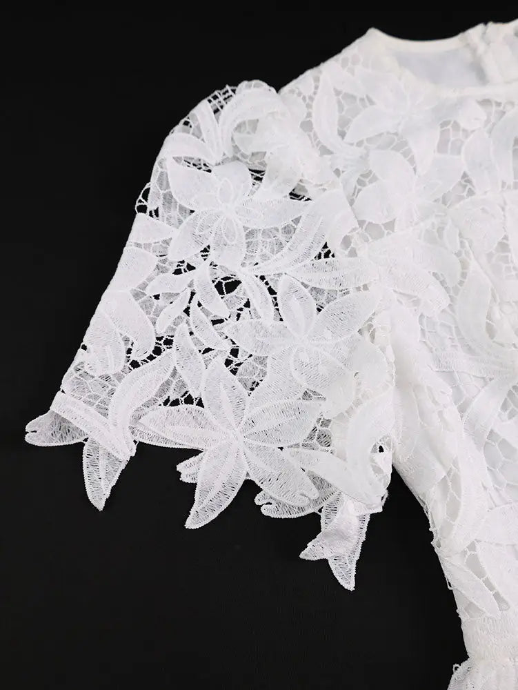 AOMEIDRESS Elegant A Line Lace Dress O Neck Hollow Out Short Sleeves