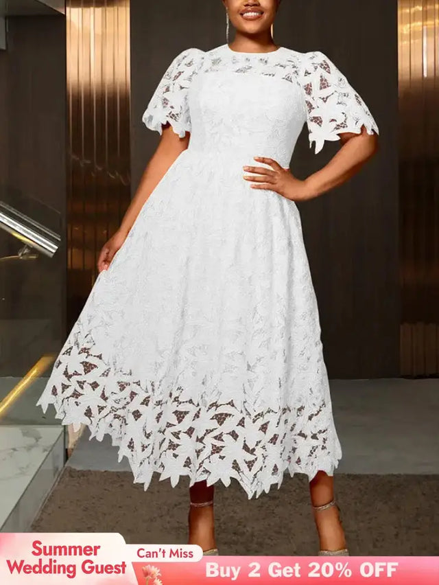 AOMEIDRESS Elegant A Line Lace Dress O Neck Hollow Out Short Sleeves
