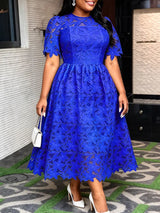AOMEIDRESS Elegant A Line Lace Dress O Neck Hollow Out Short Sleeves - Blue / S