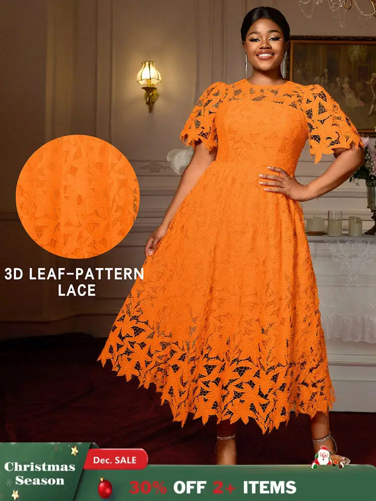 AOMEIDRESS Elegant A Line Lace Dress O Neck Hollow Out Short Sleeves Orange / S