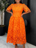 AOMEIDRESS Elegant A Line Lace Dress O Neck Hollow Out Short Sleeves - Orange / S