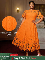 AOMEIDRESS Elegant A Line Lace Dress O Neck Hollow Out Short Sleeves Orange / S