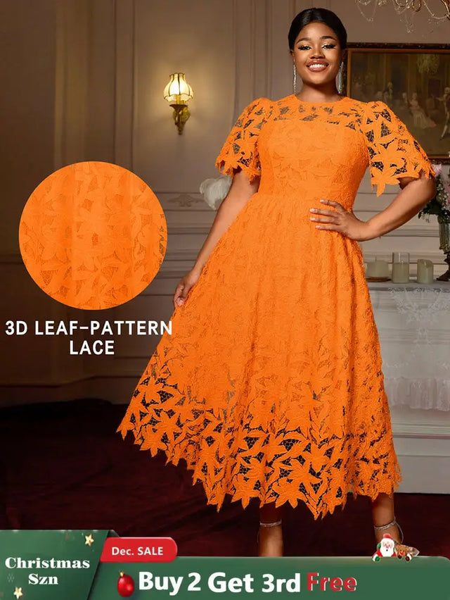 AOMEIDRESS Elegant A Line Lace Dress O Neck Hollow Out Short Sleeves Orange / S