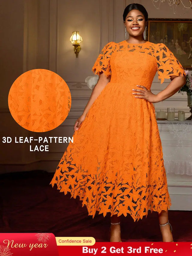 AOMEIDRESS Elegant A Line Lace Dress O Neck Hollow Out Short Sleeves Orange / S