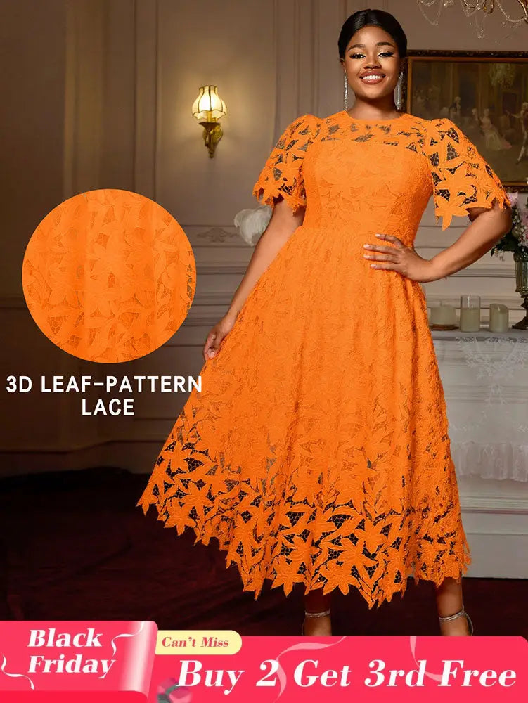 AOMEIDRESS Elegant A Line Lace Dress O Neck Hollow Out Short Sleeves Orange / S