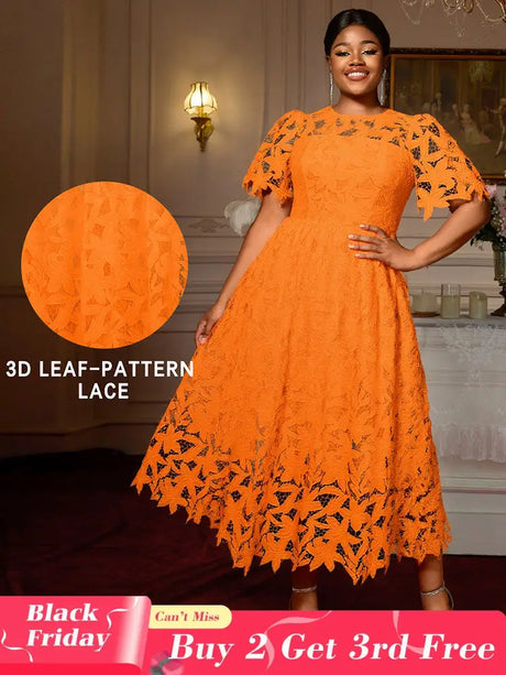 AOMEIDRESS Elegant A Line Lace Dress O Neck Hollow Out Short Sleeves Orange / S