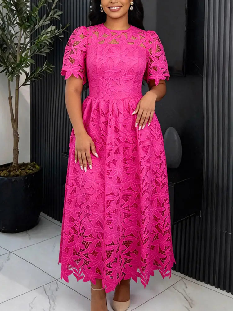 AOMEIDRESS Elegant A Line Lace Dress O Neck Hollow Out Short Sleeves - RoseRed / S