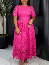 AOMEIDRESS Elegant A Line Lace Dress O Neck Hollow Out Short Sleeves - RoseRed / S