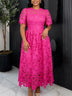AOMEIDRESS Elegant A Line Lace Dress O Neck Hollow Out Short Sleeves - RoseRed / S