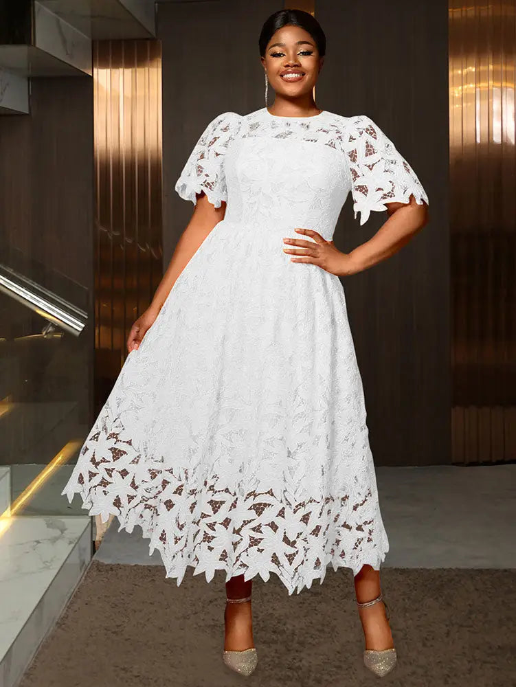 a line midi dresses with short sleeves Women Elegant Lace Dress O Neck Hollow Out Size:12 balancing a tidy appearance bf25_mini Backless Mini Sweater Dress
