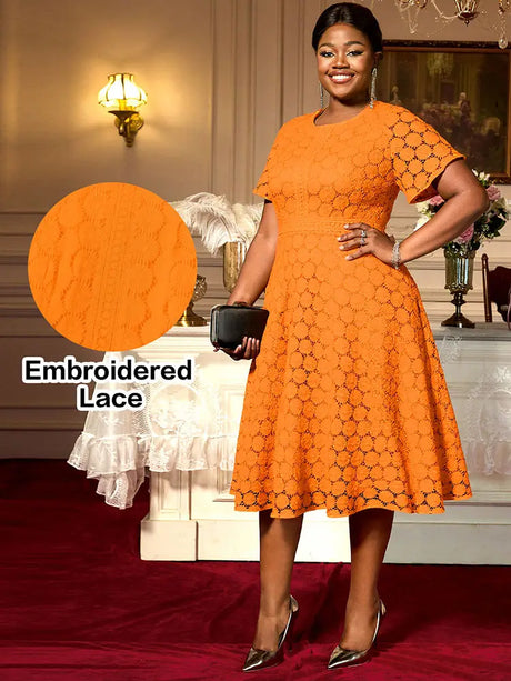 AOMEIDRESS Elegant A Line Lace Dress O Neck Short Sleeve Causal Wear