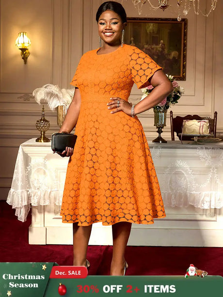 AOMEIDRESS Elegant A Line Lace Dress O Neck Short Sleeve Causal Wear Orange / L
