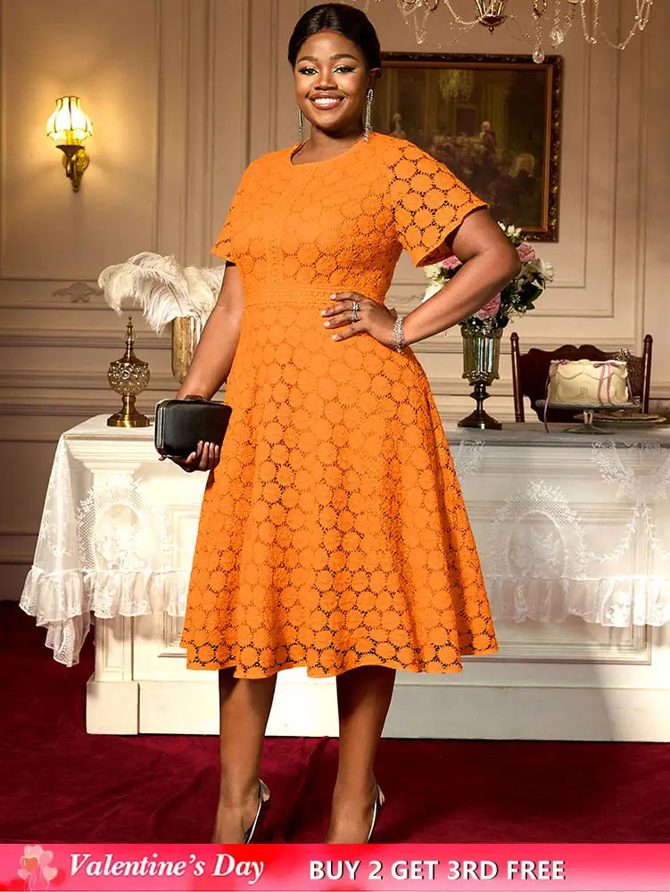 AOMEIDRESS Elegant A Line Lace Dress O Neck Short Sleeve Causal Wear Orange / L