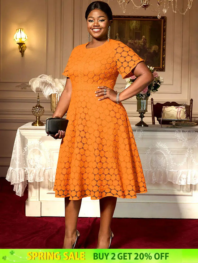AOMEIDRESS Elegant A Line Lace Dress O Neck Short Sleeve Causal Wear Orange / L
