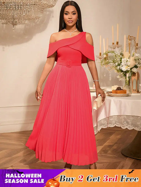 AOMEIDRESS Elegant A Line Maxi Off Shoulder Party Dresses Waist Belt WatermelonRed / S