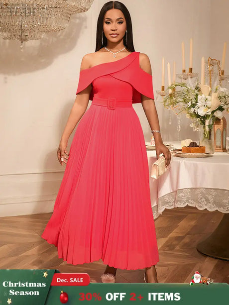 AOMEIDRESS Elegant A Line Maxi Off Shoulder Party Dresses Waist Belt WatermelonRed / S