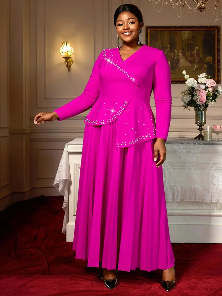 AOMEIDRESS Elegant A Line Maxi Pleated Beading Dress for Wedding Party