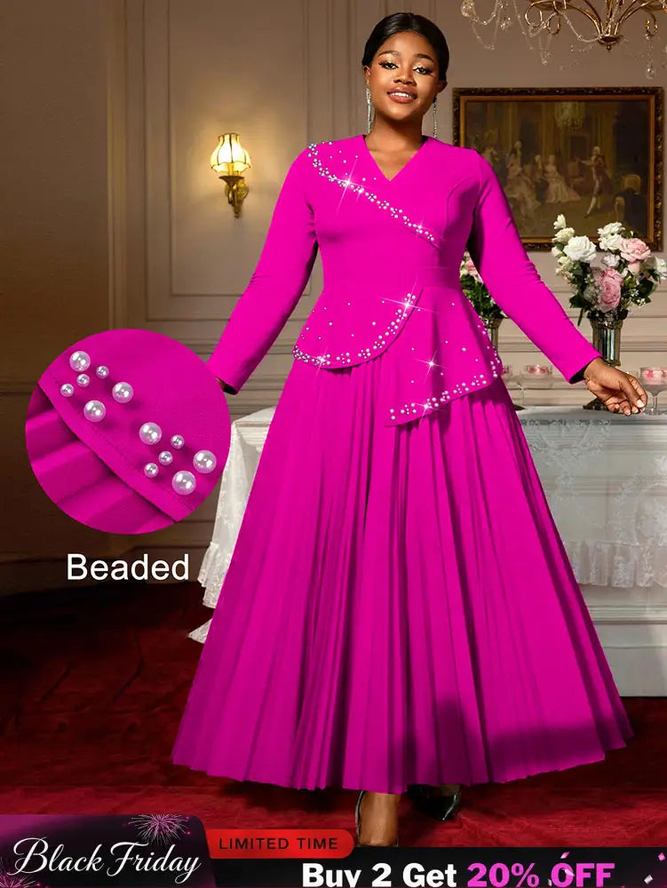 AOMEIDRESS Elegant A Line Maxi Pleated Beading Dress for Wedding Party Rose / S
