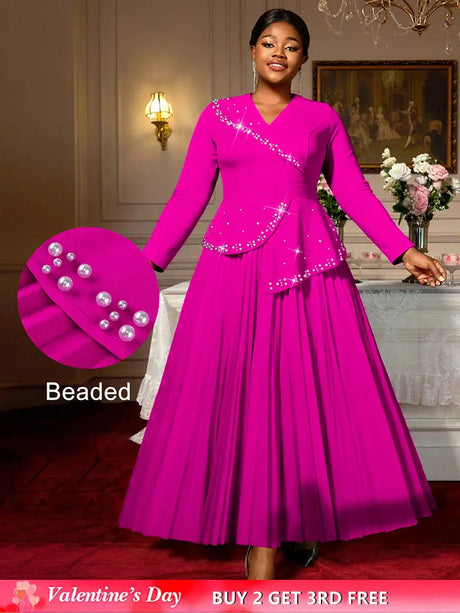 AOMEIDRESS Elegant A Line Maxi Pleated Beading Dress for Wedding Party Rose / S